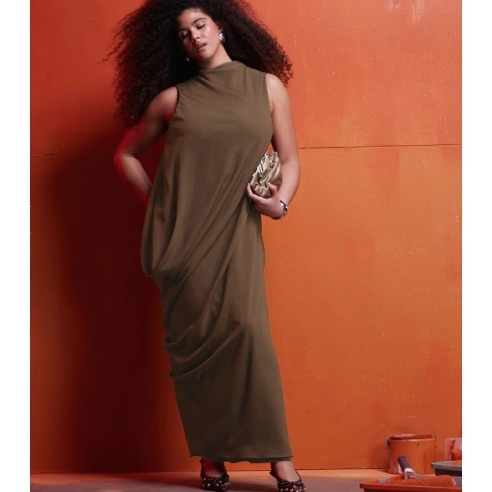 NEW ASOS DESIGN Curve Brown Draped Asymmetric Maxi Dress Sheer Sleeveless US 16